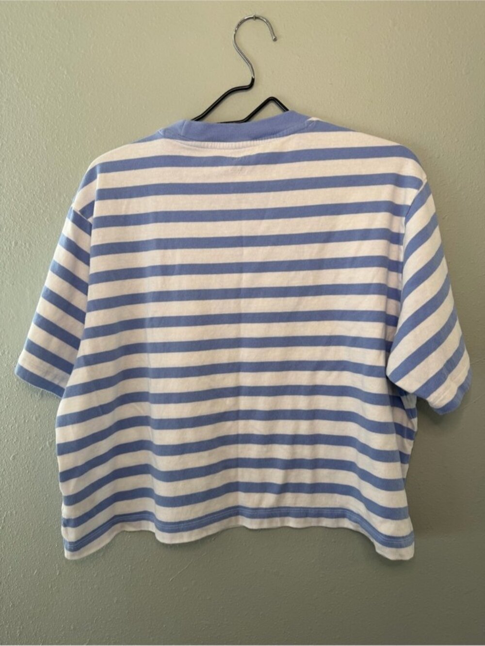 Blue White Stripped Cropped Tee Shirt Womans Large Cotton Boxy - Picture 2 of 2
